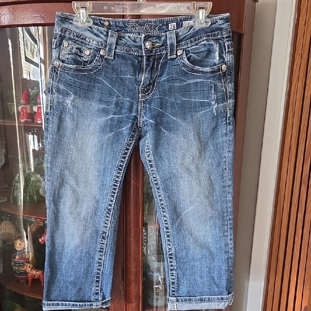 Miss Me Blue Denim Ankle Jeans with Multicolor Embroidered Pocket - Picture 2 of 7